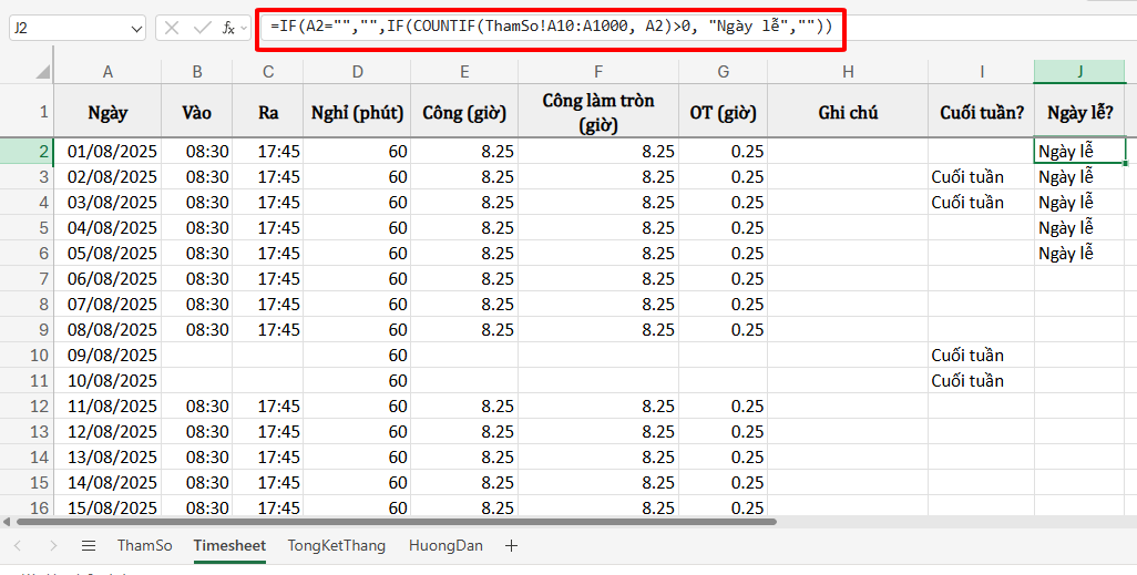 công thức đánh dấu ngày lễ