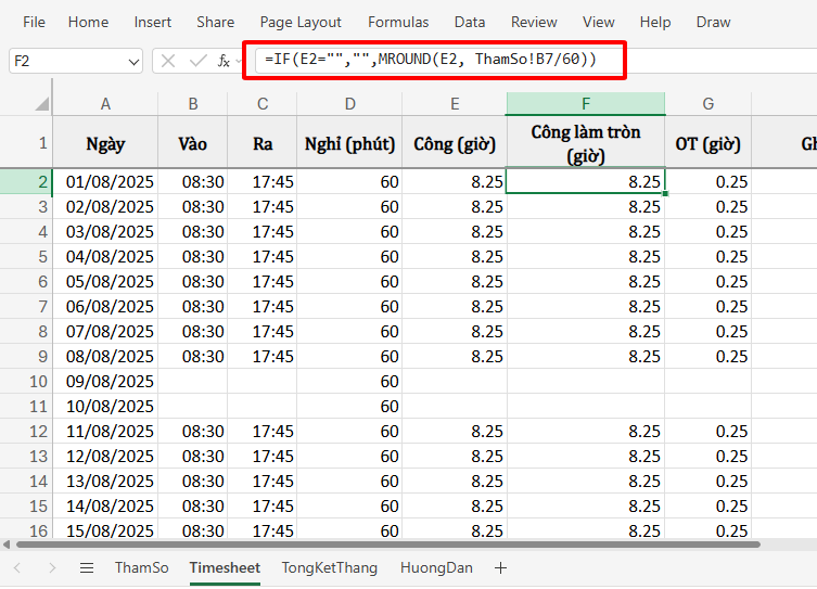 công thức làm tròn giờ làm việc