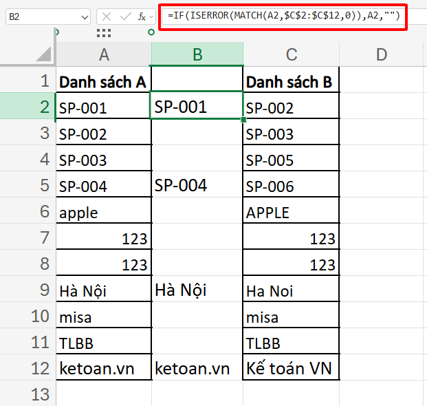 công thức lấy giá trị khác biệt giữa 2 cột