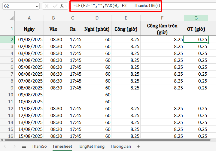 công thức tính giờ làm việc tăng ca