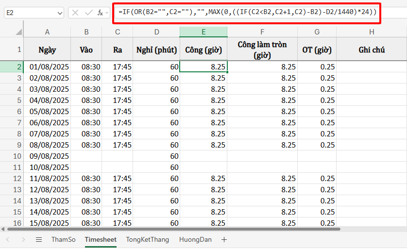 công thức tính giờ làm việc
