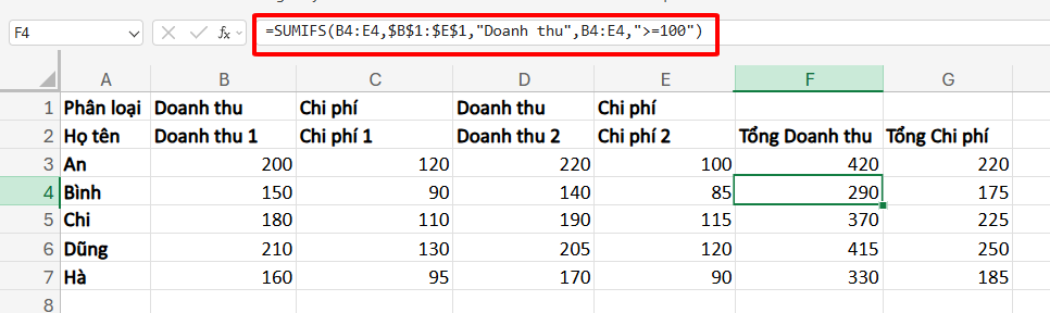 công thức tính tổng theo hàng ngang nhiều điều kiện