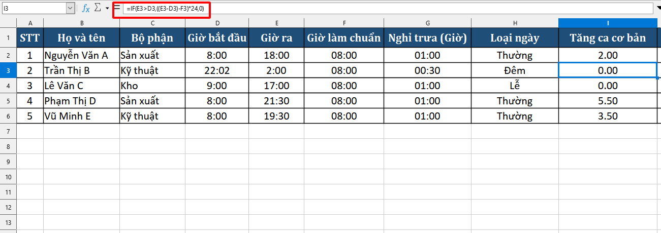 hàm IF để tính giờ tăng ca cơ bản