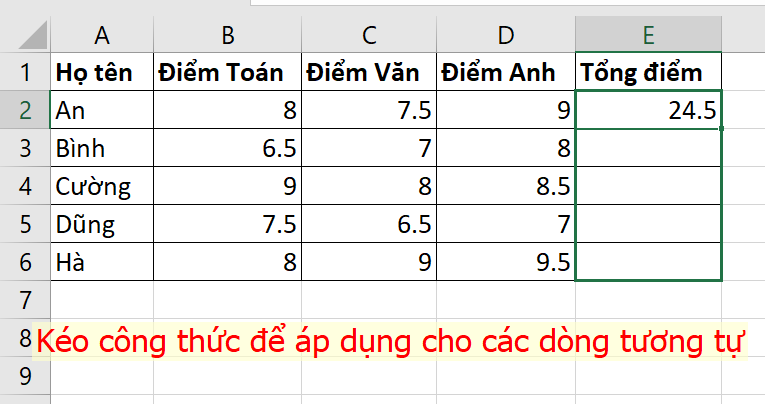 kéo công thức để tự động tính tổng theo hàng