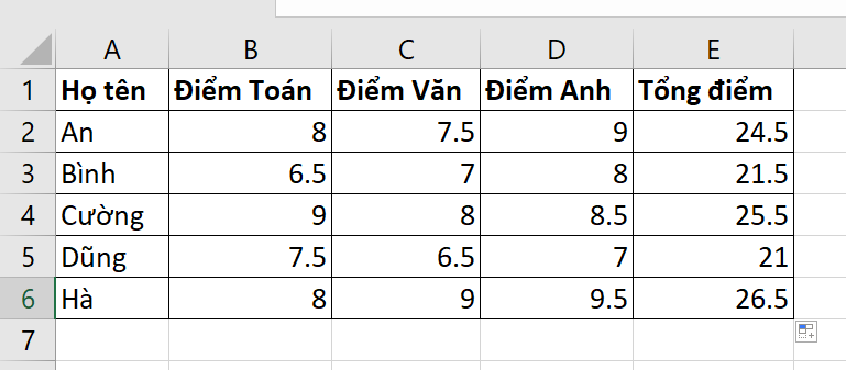 kết quả sau khi sử dụng AutoSum