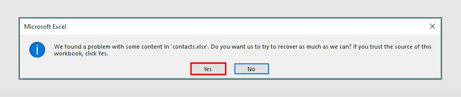 lỗi we found a problem with some content in excel