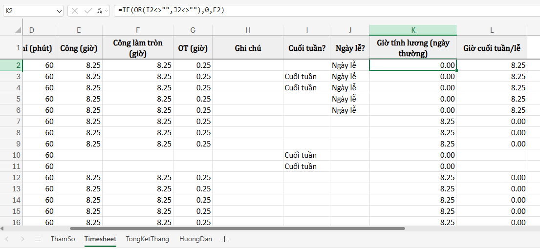 phân loại giờ tính lương ngày làm thường