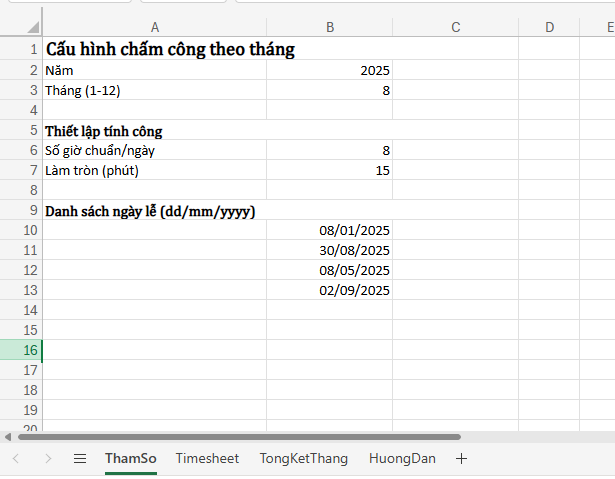 sheet tham số chấm công