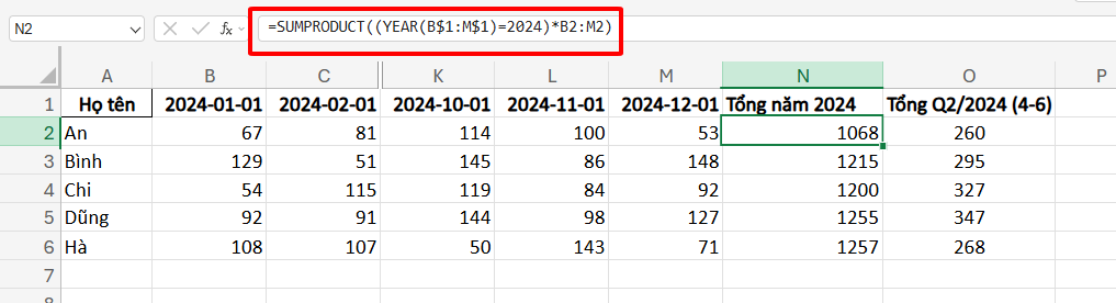 tính tổng hàng ngang theo điều kiện năm