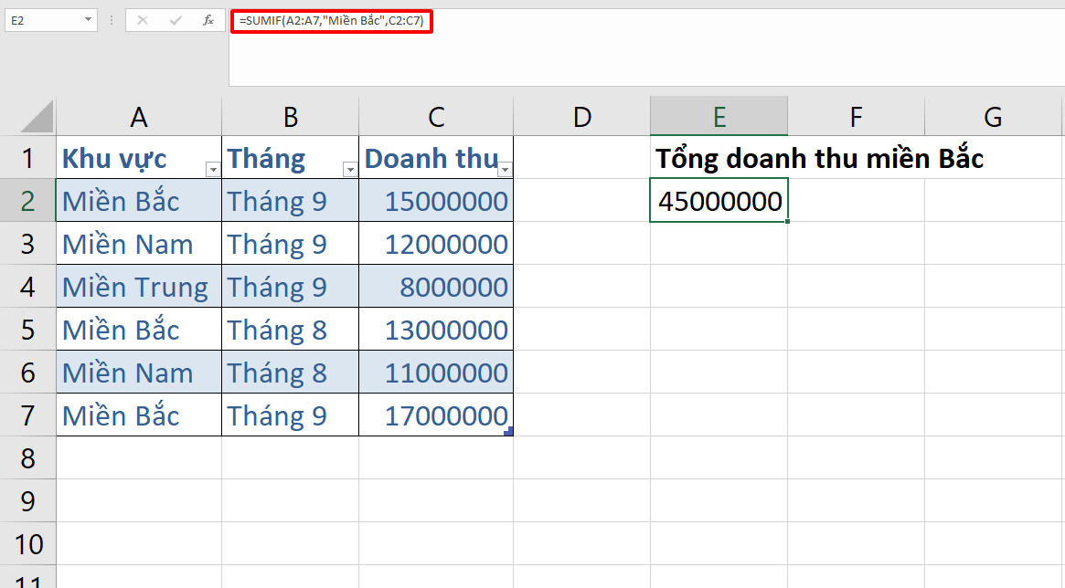ví dụ sử dụng công thức hàm SUMIF