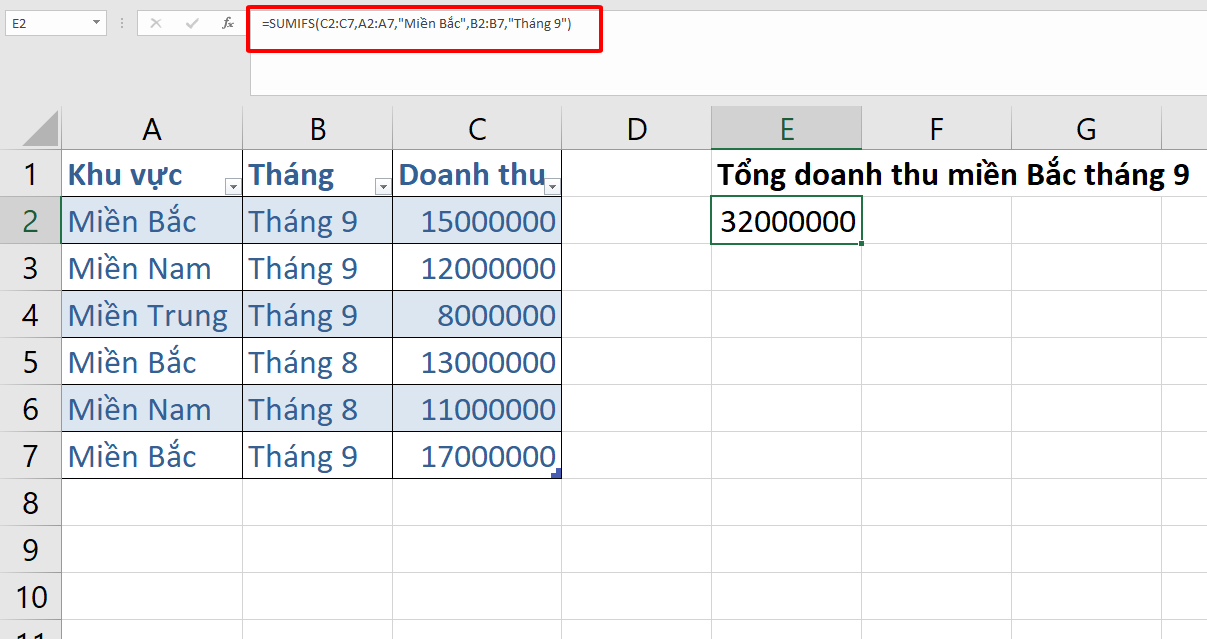 ví dụ sử dụng công thức hàm SUMIFS