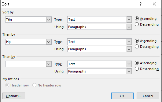 Cách sắp xếp tên theo thứ tự chữ cái trong Microsoft Word