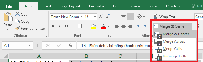 Sử dụng phím tắt để gộp các ô (Merge) trong Excel