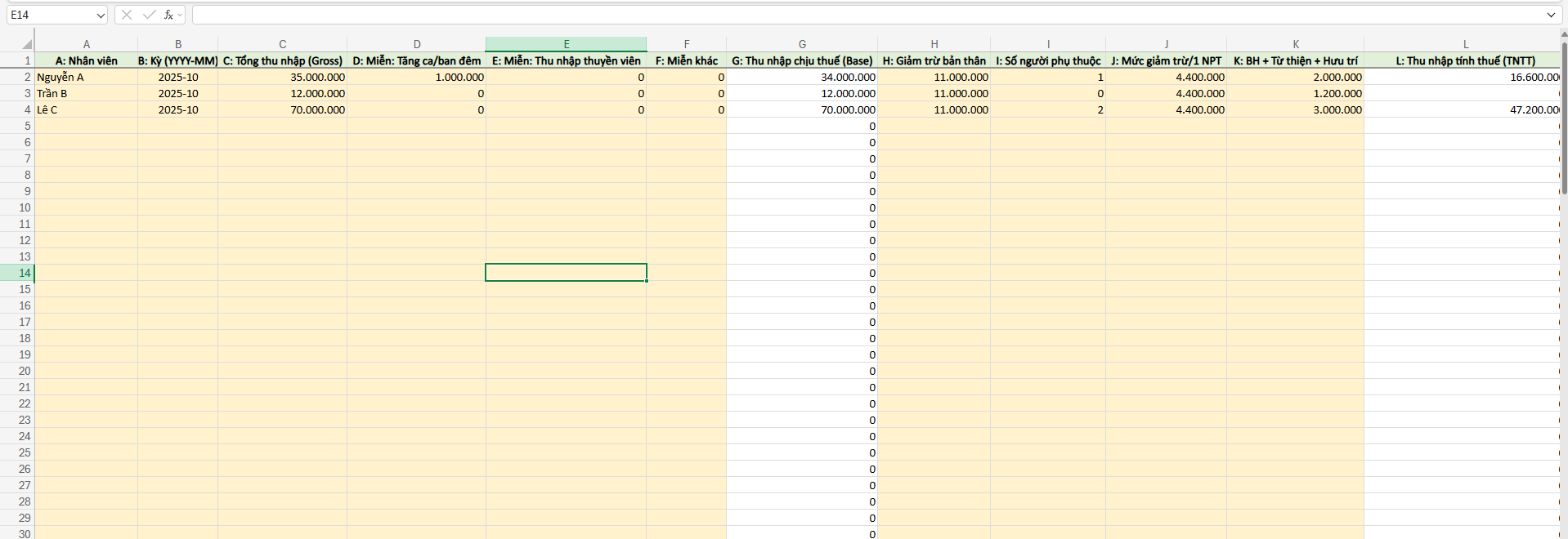 Minh hoạ bảng dữ liệu mẫu để điền thông tin tính thuế TNCN