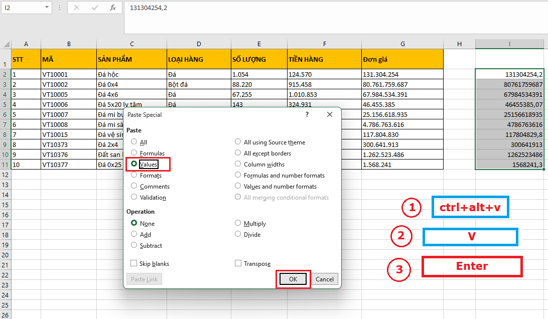 Các copy giá trị trong excel không copy công thức bằng phím tắt