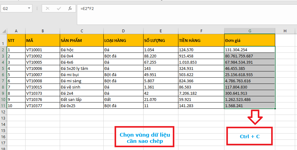 Chọn vùng dữ liệu cần sao chép