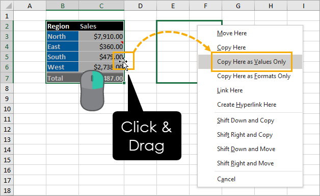 Kéo thả chuột và chọn Copy Here as values only