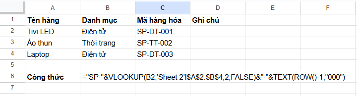 kết quả tạo mã hàng hóa trong Excel