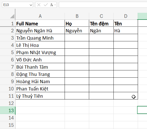 sử dụng flash fill trong excel