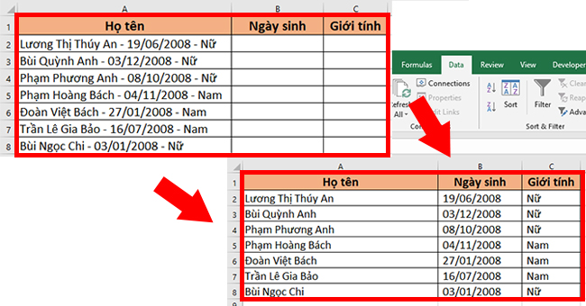Hướng dẫn cách tách nội dung cột trong Excel