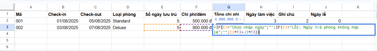 tính chi phí ở khách sạn cả ngày lễ
