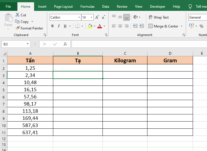 Cách quy đổi khối lượng tấn, tạ sang kilogram, gram trong Excel