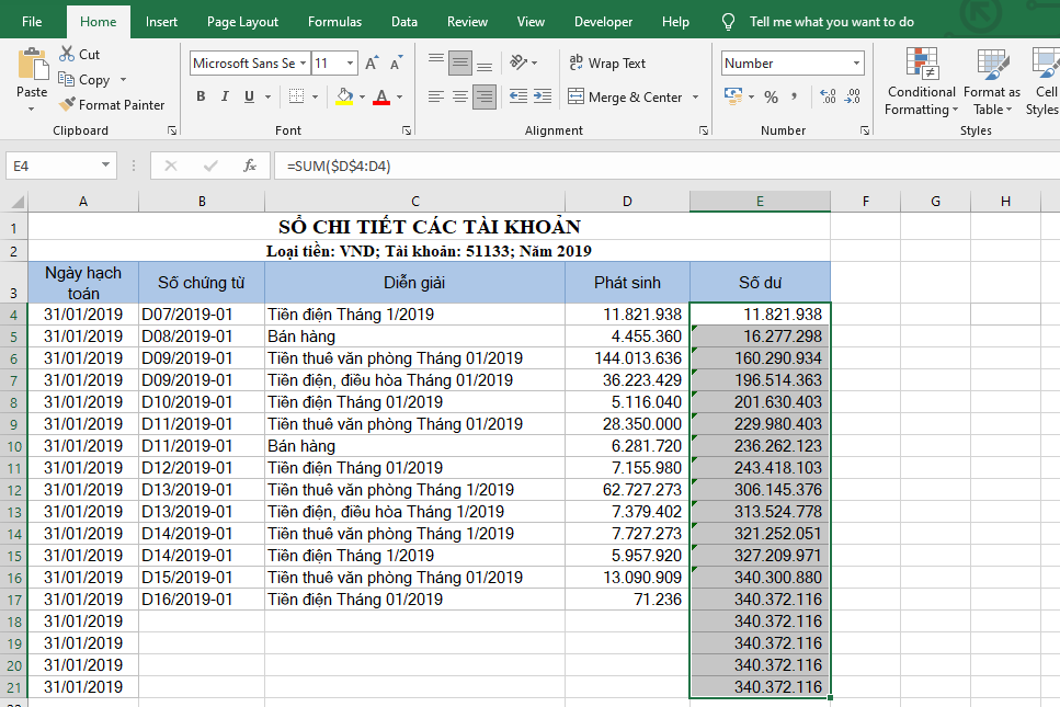 Cách tính tổng lũy kế trong Excel
