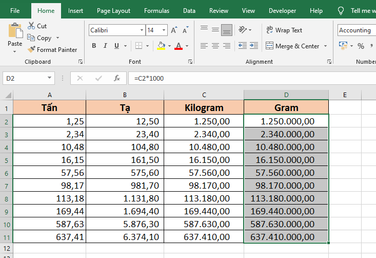 Cách quy đổi khối lượng tấn, tạ sang kilogram, gram trong Excel