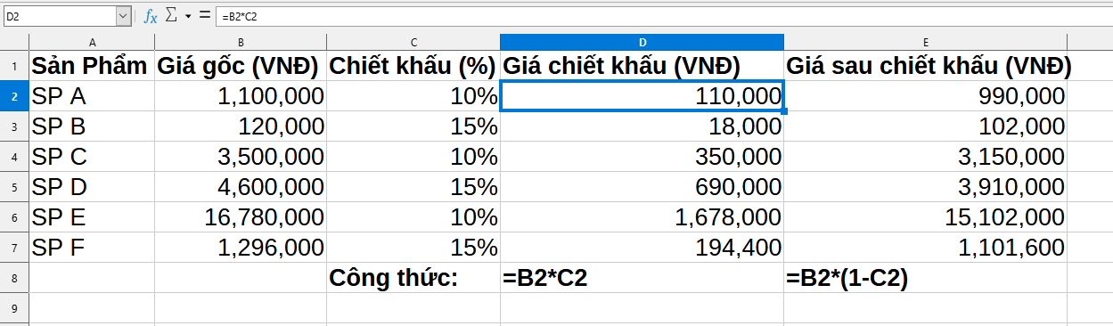 bảng tính chiết khấu theo phần trăm trong excel