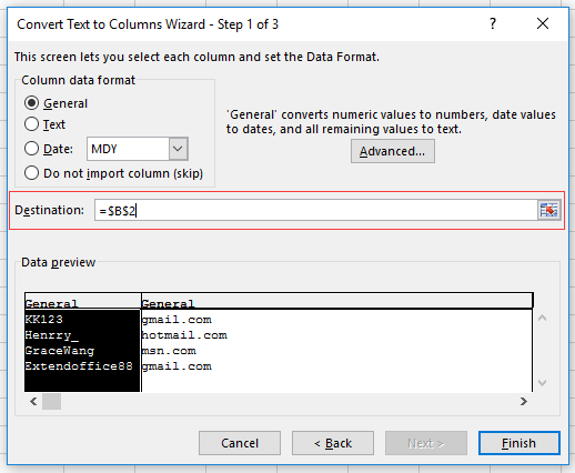 chọn ô dữ liệu cần đặt tách email