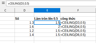 sử dụng hàm CEILING để làm tròn lên 0.5