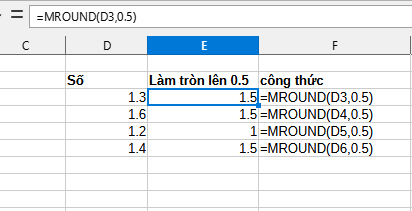 sử dụng hàm MROUND để làm tròn lên 0.5