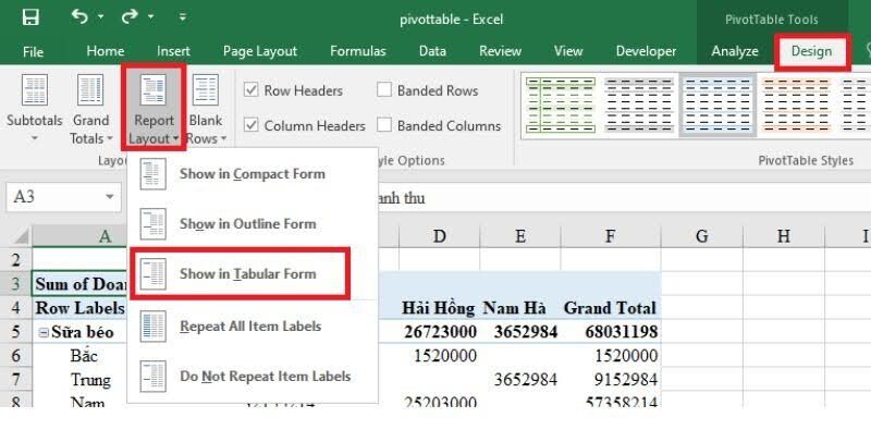 tạo Pivot Table
