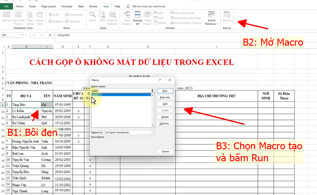 các bước để dùng Macro để gộp ô