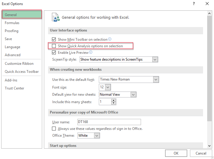 cách bật tắt tính năng Quick Analysis (2)