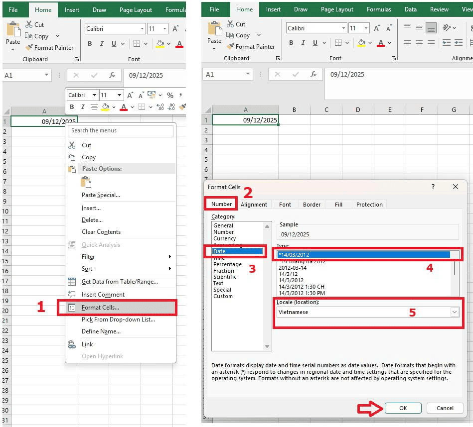 Cách sửa lỗi định dạng ngày tháng trong excel bi đảo đảo lộn bằng Format cells