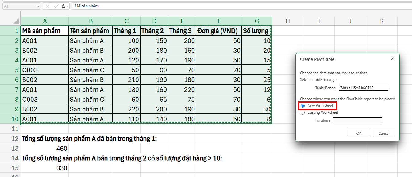 chọn New worksheet trong creat PivotTable