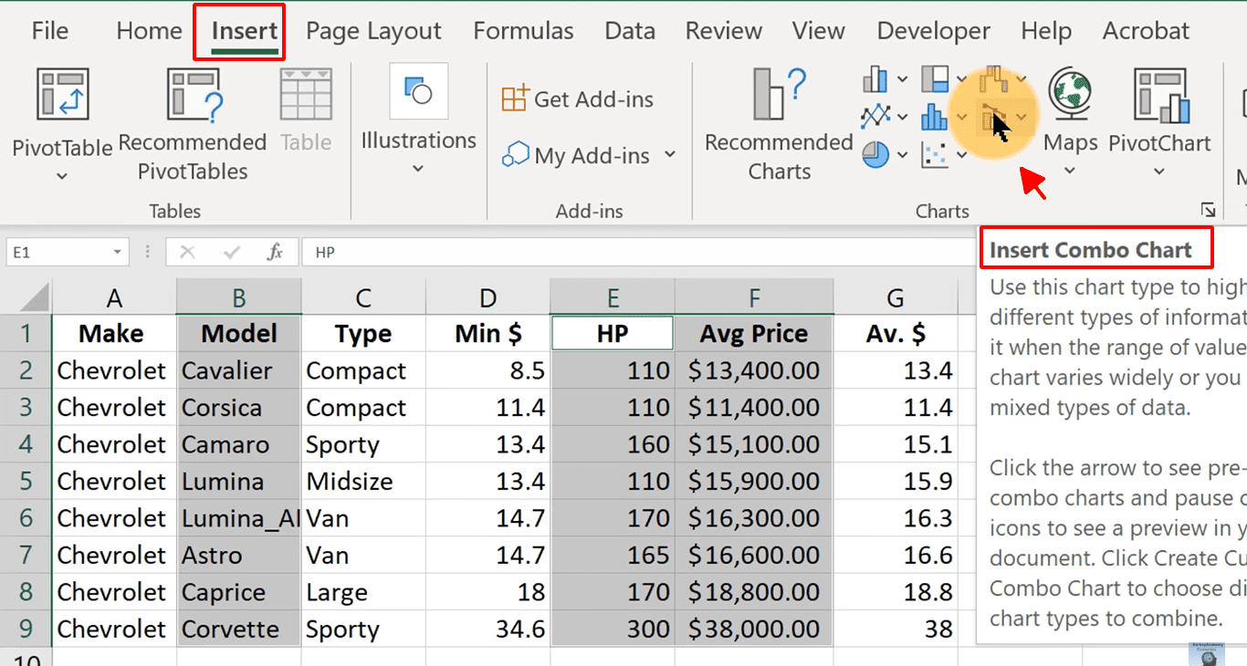 chọn insert combo chart