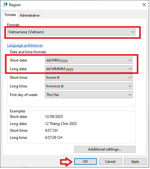 Chọn Vietnamese (Vietnam) và định dạng dd/MM/yyy