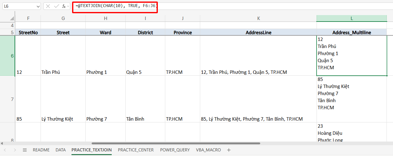 công thức gộp ô địa chỉ ngắt dòng