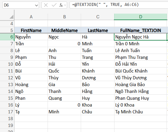 công thức hàm Textjoin để gộp ô
