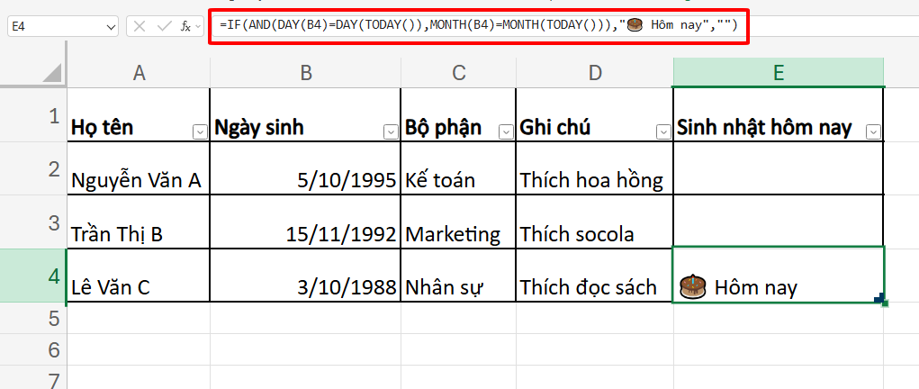 công thức thông báo sinh nhật hôm nay