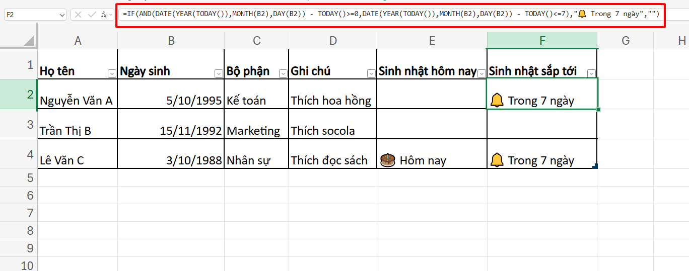 công thức thông báo sinh nhật sắp tới