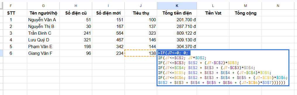 công thức tính tiền điện trong excel hàm IF