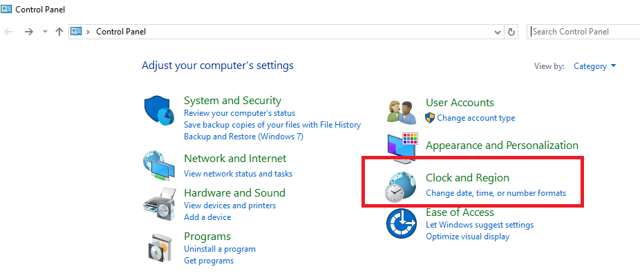 Mở clock and region trong control panel
