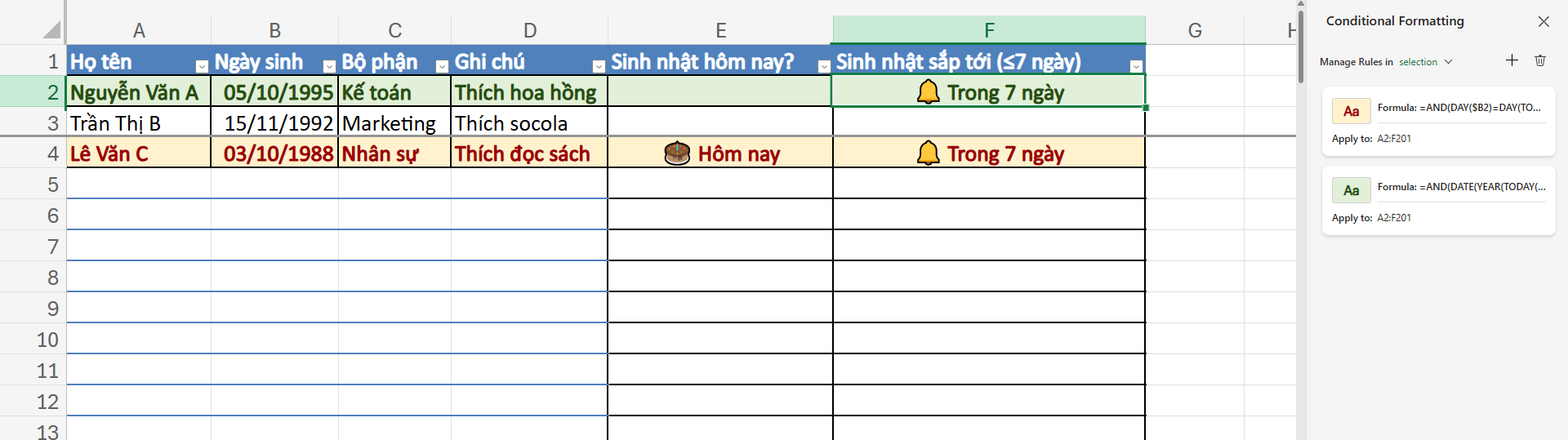 tạo nhắc nhở sinh nhật với conditional formatting
