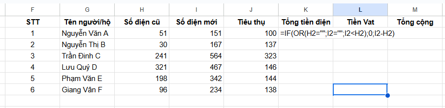tính mức tiêu thụ điện trong excel