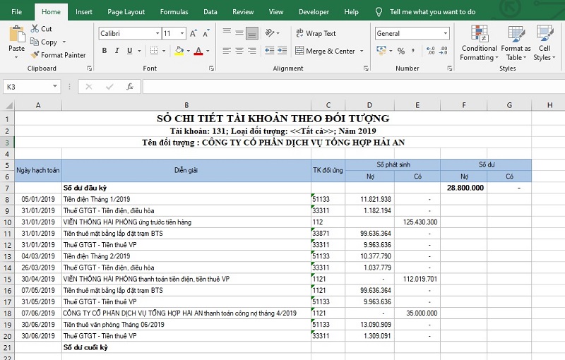công thức tính số dư cuối kỳ trong excel