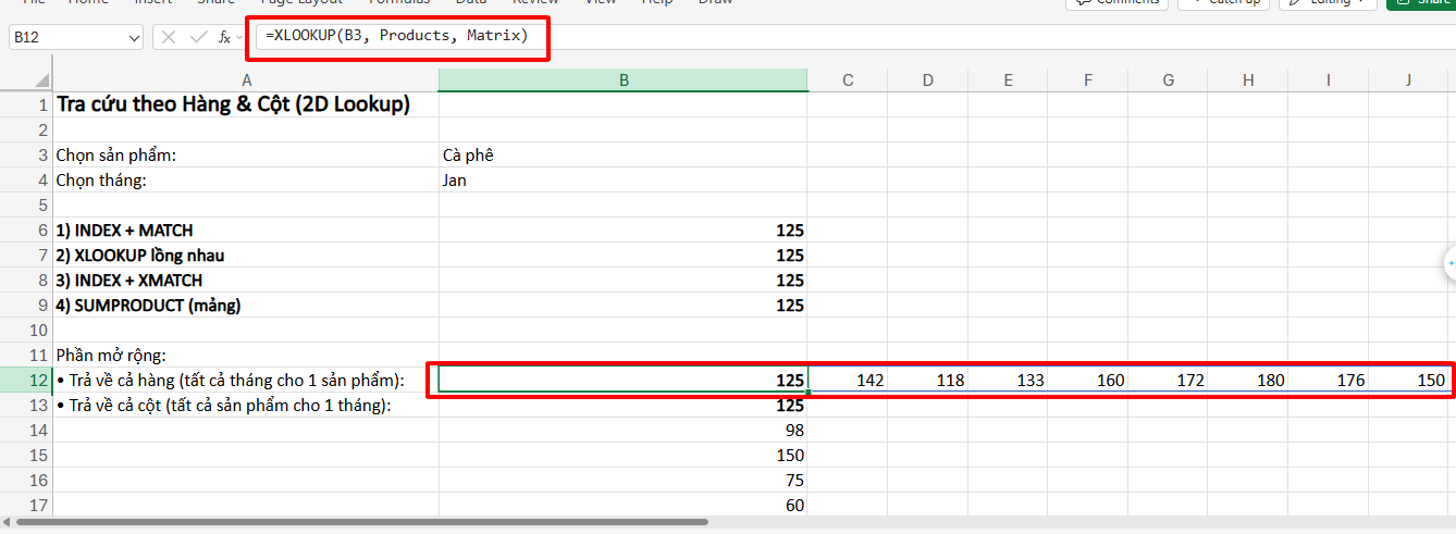 Hàm XLOOKUP trả mảng dữ liệu theo hàng