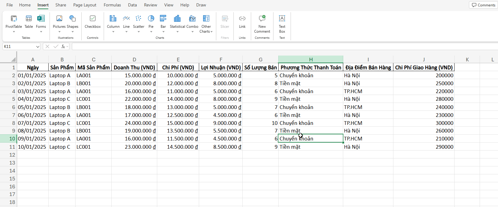 chuyển bảng thành dạng Table trong Excel